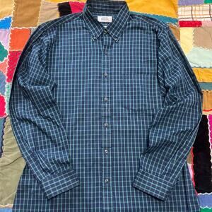 Vintage Arrow Brigade Navy + Green Plaid Long Sleeve Button Up Large